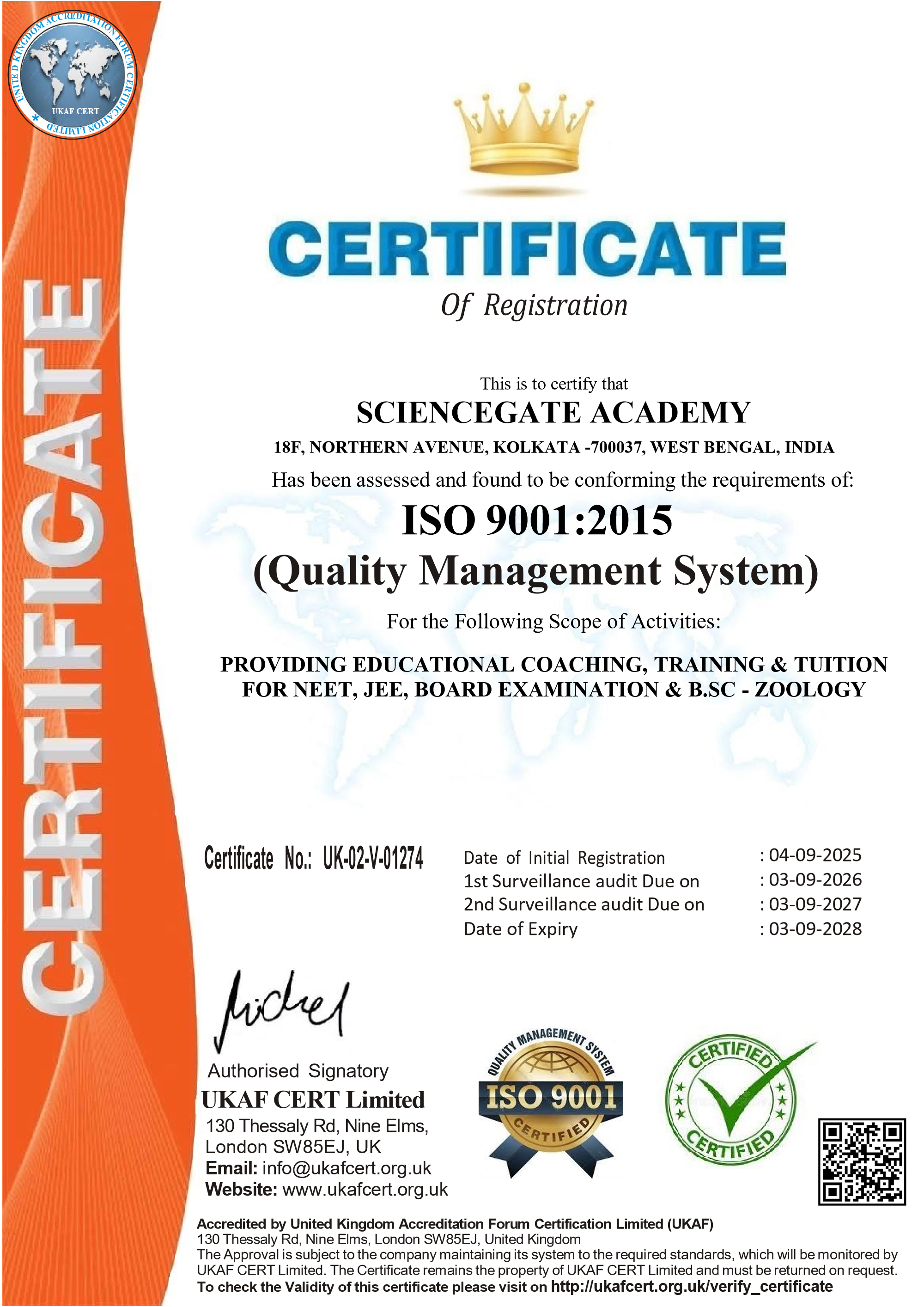 Sciencegate Academy ISO 9001:2015 certificate